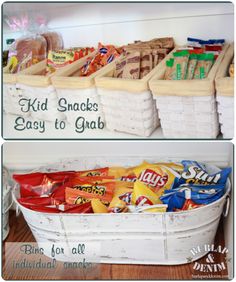 two baskets filled with snacks sitting next to each other