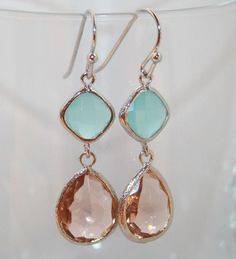 Pink Champagne and Mint Wedding Earrings Peach Mint by AngelPearls, $28.00 Diy Champagne Glasses, Peach Bridesmaid, Teardrop Bridal Earrings, Mint Earrings, Peach Earrings, Mint Wedding, Peach Wedding, Champagne Glasses, I Love Jewelry