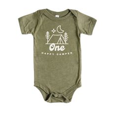 Cuddle Sleep Dream One Happy Camper | Olive Triblend Bodysuit National Parks First Birthday, One Happy Camper Outfit, One Happy Camper First Birthday, Camper Outfit, Happy Camper Birthday Party, One Happy Camper, Themed 1st Birthday, 1st Birthday Pictures, Family Matching Shirts