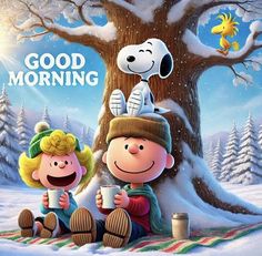 charlie and snoopy are sitting in front of a tree with the words good morning on it