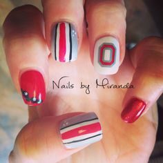 Ohio state nail art. Buckeye theme nails. Acrylics with shellac polish. By Miranda Laubensheimer in canal Winchester Ohio. IG Lil_Mira12