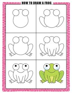 how to draw a frog for kids with pictures on the front and side, including four different