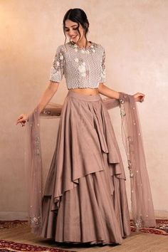 Shop for Shikha and Srishti Design Brown Modal Silk Layered Lehenga Set for Women Online at Aza Fashions Net Skirt And Top Indian, Western Choli Design, Gagra Choli Fashion, Tradional Wear, Layered Lehenga, Long Skirt And Top, Reception Bride, Simple Lehenga, Party Reception