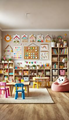 a child's playroom with toys and bookshelves