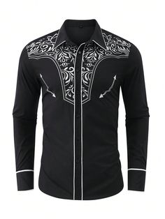 Negro Casual Collar manga corta  Color combinado,Estampado en Textura Camisa Embellished Fitted Long Sleeve Shirt For Western-themed Events, Western Black Button-up Shirt, Black Western Button-up Shirt, Western Style Black Button-up Shirt, Western Black Cotton Shirt, Black Western Style Cotton Shirt, Black Cotton Western Shirt, Western Black Shirt For Ranch, Western Style Black Shirt For Ranch