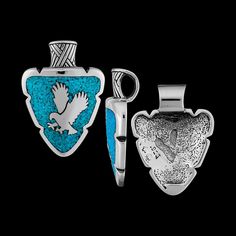 925 sterling silver Arrowhead Eagle pendant inlaid with Kingman Turquoise. In milimeters this pendant measures approximately 27mm tall including bail by 19mm wide. In inches this pendant measures approximately 1-1/8 inches tall including bail by 3/4 of an inch wide. Etched Turquoise Sterling Silver Jewelry, Engraved Turquoise Pendant Necklace, Eagle Pendant, Puzzle Ring, Blue Earth, Silver Eagle, Silver Eagles, Heart Pendant Gold, Kingman Turquoise