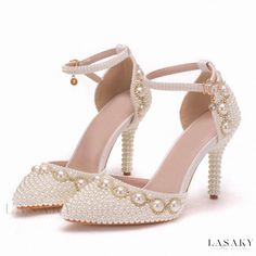 Lasaky - Exquisite Beige Ankle Strap Stiletto Sandals, Adorned with Premium Pearl Embellishments White Bridal Sandals, Wedding Shoes High Heels, Pearl Wedding Shoes, Rhinestone Wedding Shoes, Wedding High Heels, Sandals Wedding, Wedding Shoes Lace, Bridal Sandals, Rhinestone Sandals