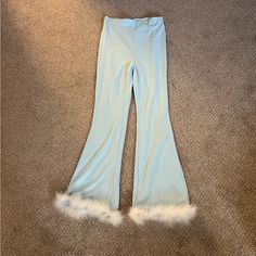 High Waisted Flare Rave Pants, Stretchy, White Fur Detail At Bottom, Never Worn, Super Long So Great For Tall Girlies!! Blue Flare Pants, Fur Pants, Rave Pants, High Waisted Flares, White Fur, Fur Trim, Flare Pants, Baby Blue, Pant Jumpsuit