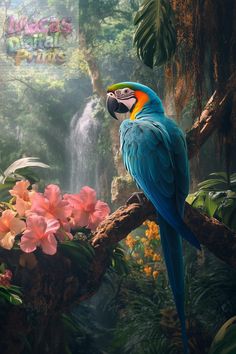 a blue and yellow parrot sitting on top of a tree branch in front of flowers