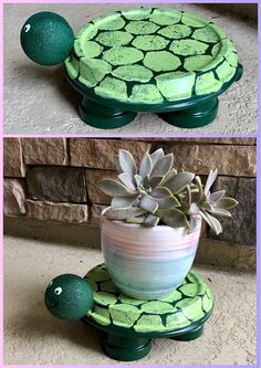 there is a green turtle planter on top of a small pot with succulents in it