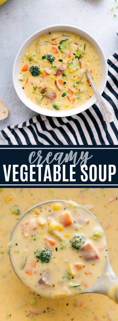 creamy vegetable soup with broccoli and carrots in a white bowl on a black and white striped towel