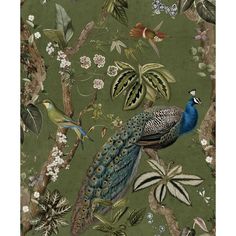 a painting of a peacock on a green background with white flowers and birds around it