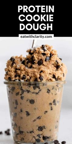 chocolate chip cookie dough in a glass container with text overlay