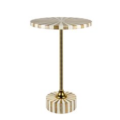 a white and gold striped table with a round metal base on an isolated white background