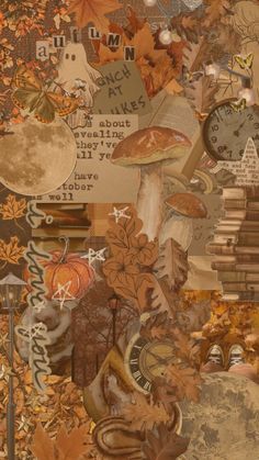 a collage of autumn leaves, clocks and other things with words written on them