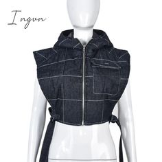 Winter Sleeveless Side Lace Up Vest Jacket Zipper Denim Hoodies Streetwear Women Clothing Fashion Outwear Crop Top Lace Up Vest, Loose Cotton Pants, Hoodies Streetwear, Outwear Fashion, Denim Hoodie, Ladies Blazer, Jacket Zipper, Long Blazer, Straight Trousers