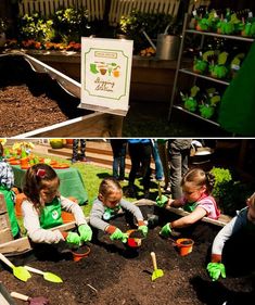 there are two pictures of children playing in the garden and on the ground with shovels