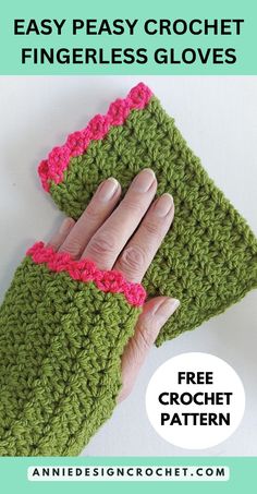 a woman's hand is holding a crocheted green and pink mitt