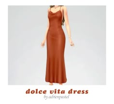 a woman in a long brown dress with the words dolce vita dress by adrenpasted