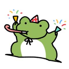 a cartoon frog with a party hat and streamers in its mouth, holding a small cone