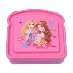 a pink lunch box with two princesses on it