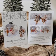 two christmas cards with pictures of people in the snow