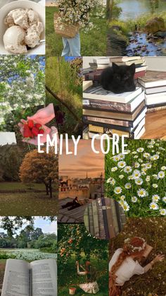 a collage of books and flowers with the words'embly core'over them