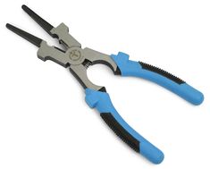 two pliers with black handles and blue handles