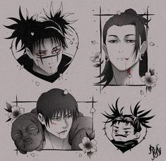 four anime faces with different hair styles and facial expressions, all in black and white