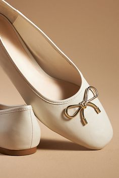 Leather upper, insole, sole Slip-on styling Imported | Metal Bow Ballet Flats by Maeve in Beige, Women's, Size: 10, Leather at Anthropologie Ballet Shoes Outfit, Comfy Ballet Flats, Black Ballet Shoes, Metal Bow, Bow Flats, Ballerina Flats, Ballet Flat Shoes, Angelina Jolie, Fall Wardrobe