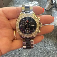 Black And Silver Michele Watch With Diamonds On Face, Needs New Battery! Diamonds On Face, Michele Watch, Michele Watches, Black And Silver, Accessories Watches, Black Silver, Diamonds, Womens Sizes, Women Accessories