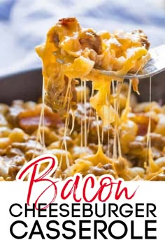 bacon cheeseburger pasta on a spatula being lifted from a skillet with text overlay that reads bacon cheeseburger pasta