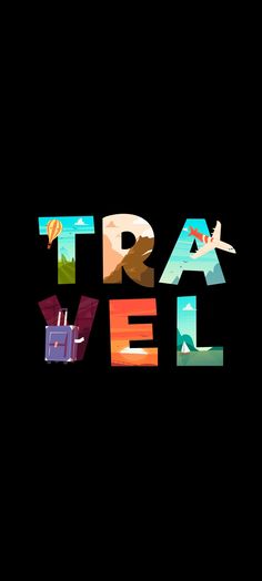 the word travel is made up of colorful images and letters on a black background with an airplane in the sky