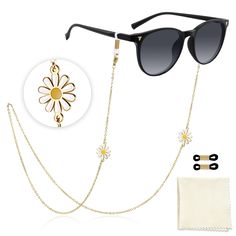 PRICES MAY VARY. 【Daisies Sunglasses Chain】:Embrace the spirit of sunflowers and brave the pursuit of happiness with our daisy flower design eyeglass chain. Let it serve as a reminder to stay resilient and optimistic on your journey towards personal fulfillment and joy. 【Premium Lightweight Quality】: Crafted from hypoallergenic surgical grade stainless steel, our chain is both durable and lightweight. Its water-resistant and anti-allergic properties ensure it maintains its color and integrity ov Golden Glasses, Daisy Flower Design, Mask Chains, Mask Sunglasses, Glasses Strap, Sunglasses Chain, Facing The Sun, Cute Glasses, Pursuit Of Happiness