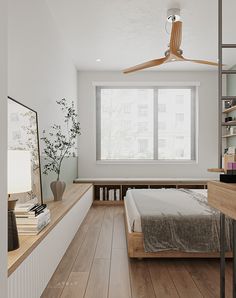 the bedroom is clean and ready to be used as a study area or office space