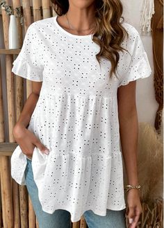 Color:White;Size:S;Size:M;Size:L;Size:XL;Size:2XL;Package Contents:1 X Blouse;Occasion:Other;Style:Casual; White Hole, Elegant Dresses Plus Size, Beach Bridesmaid Dresses, Round Neck Blouse, Shirt Tunic Top, Plaid Outfits, Blue Jumpsuits, Lovely Tops, Clothes Closet