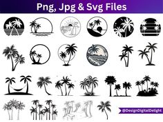 the silhouettes of palm trees and surfboards are shown in this graphic art file