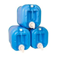 three blue plastic containers are stacked on top of each other