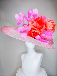 From the 2024 Featured Milliner of the Kentucky Derby Museum  Gorgeous Kentucky Derby hat fascinator  kentucky derby hat large wide brim sinamay light pink hat with large orange coral feather flowers and fuchsia pink feathers w pink crinoline adjustable inseam standard approx 23 inches  I can probably add feathers, flowers etc to existing hats for a small fee. I cannot remove anything from existing hats. Just message me and see if we can make it work! :) I cannot make custom order from scratch. Pink Ostrich Feather Fascinator For Royal Ascot, Pink Feather Trim Hat For Summer, Pink Ostrich Feather Fascinator, Fitted Pink Fascinator With Feather Trim, Pink Feathered Fascinator For Races, Pink Feather Trim Fascinator For Royal Ascot, Summer Pink Fascinator With Feathers, Pink Summer Fascinator With Feathers, Summer Pink Feathered Fascinator