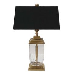 a table lamp with a black shade on it