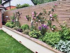 a garden with flowers and plants growing on the side of a fenced in area