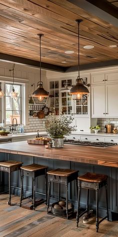 Non Matching Kitchen Island, Cabin Style Kitchen Ideas, Kitchen Island With Seats, Cottage Kitchen With Island, Farmhouse Kitchen Island With Stove, Two Different Countertops In Kitchen, Kitchen Remodel Farmhouse Style, Kitchen Island Wood Top, Kitchen Interior Farmhouse