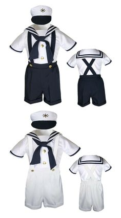 100% Brand new 4 Piece Sailor Suit Set Including in this listing: Nautical Hat Short Sleeve White Shirt with Navy Stripes Navy or White Shorts with Fabric Suspender  Coordinated Knotted Tie We also offer other color for the same style. Captain White Pants Sets Captain Navy Pants Sets Captain Navy Shorts Sets Sailor White Shorts Sets Sailor Navy Shorts Sets Size Chart Size  Chest (Full Measurement) Shoulder of Shirt  Sleeve of Shirt From Shoulder to Cuff  Outseam  Pa Sailor Outfit Mens, Short Sleeve White Shirt, White Shorts Outfit, Sailor Outfit, Cruise Fashion, Sailor Shorts, Sailor Shirt, Boy Toddler, Shorts Sets