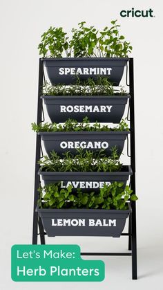 a planter with plants growing in it and the words let's make herb planners