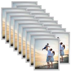 a set of six white frames with an image of a man and woman holding a baby