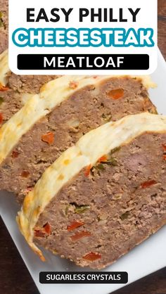 meatloaf with cheese and carrots on top is shown in this easy phily cheesesteak meal