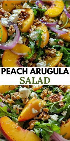 peach arugula salad with feta cheese and walnuts on top is shown