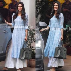 Kriti Sanon in classic chikankari kurti pants set from @noorkari.in a casual day out 🌟🌟🌟 #KritiSanon #chikankariembroidery #lucknowi . . .… Indian Kurti Designs, Gown Party Wear, Indian Designer Suits, Salwar Kamiz, Fashion Gowns, Kurti Designs Party Wear, Indian Gowns, Ethnic Outfits, Indian Designer Outfits