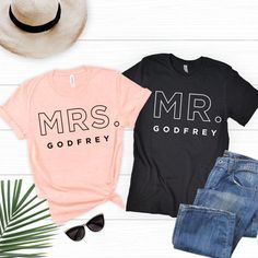 three t - shirts that say mr and mrs, godfry, goodfry