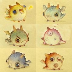 four different types of cartoon animals painted in watercolor and ink on paper, each with an individual's own face